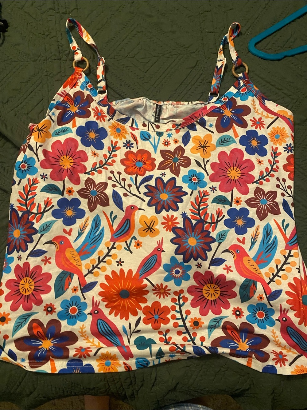 Floral & Bird Print Tank Top - White with Multi-Color Flowers